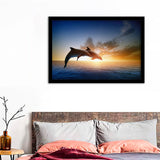 Two Jumping Dolphins At Sunset Framed Art Prints - Framed Prints, Painting Prints, Prints for Sale, Framed Picture