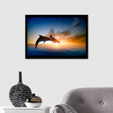 Two Jumping Dolphins At Sunset Framed Art Prints - Framed Prints, Painting Prints, Prints for Sale, Framed Picture