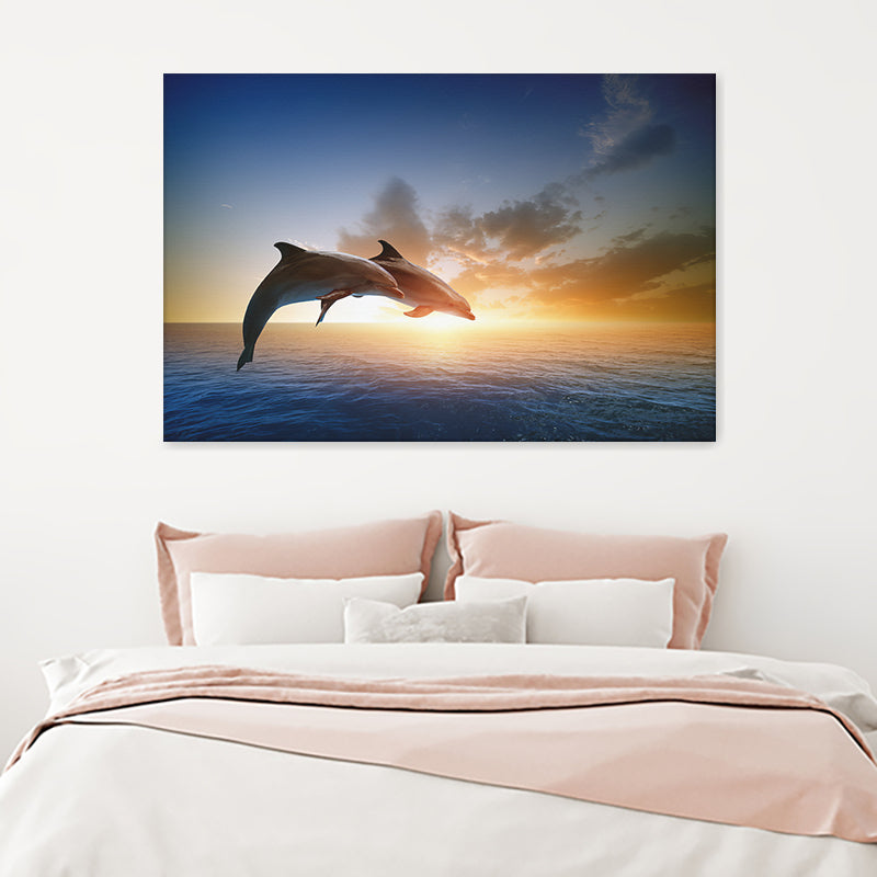 Two Jumping Dolphins At Sunset Canvas Wall Art - Painting Canvas, Canvas Prints, Painting Art, Prints for Sale
