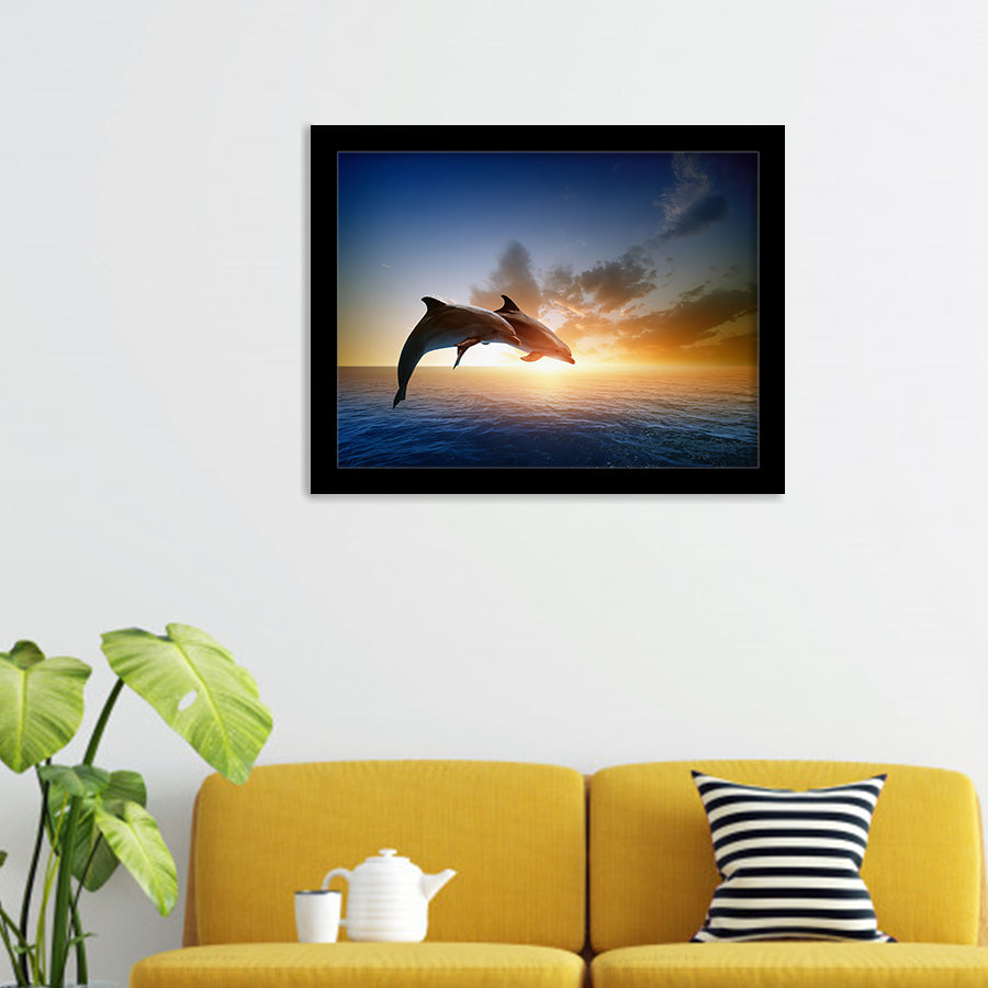 Two Jumping Dolphins At Sunset Framed Art Prints - Framed Prints, Painting Prints, Prints for Sale, Framed Picture
