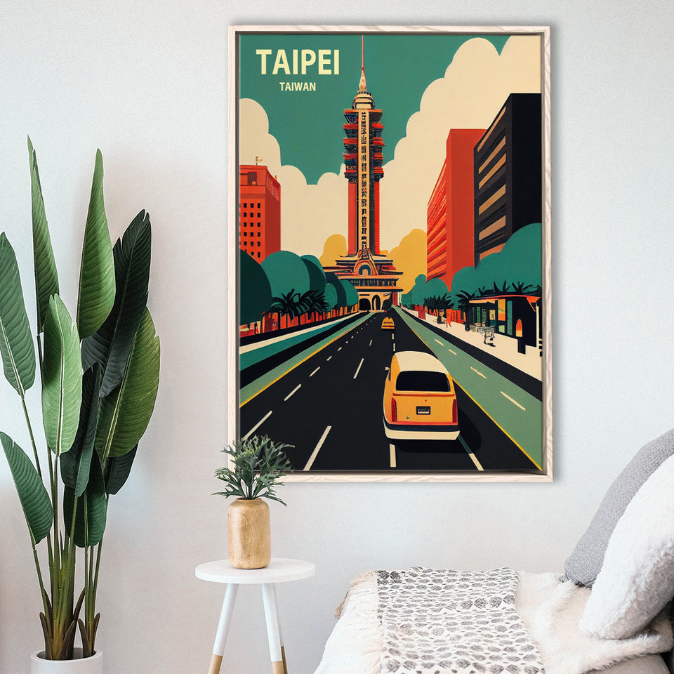 Taipei Taiwan Retro Art Print, Large Canvas, Framed Canvas Print Wall Art Home Decor, Floating Frame