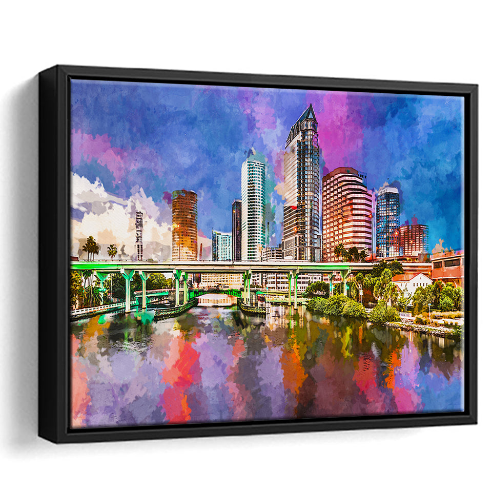 Tampa Florida Usa Downtown Skyline On City Art Watercolor Framed Canvas Prints Wall Art Home Decor,Floating Frame