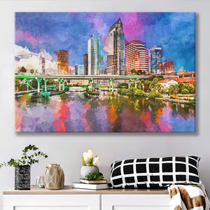 Tampa Florida Usa Downtown Skyline On City Art Watercolor Canvas Prints Wall Art Home Decor, Large Canvas