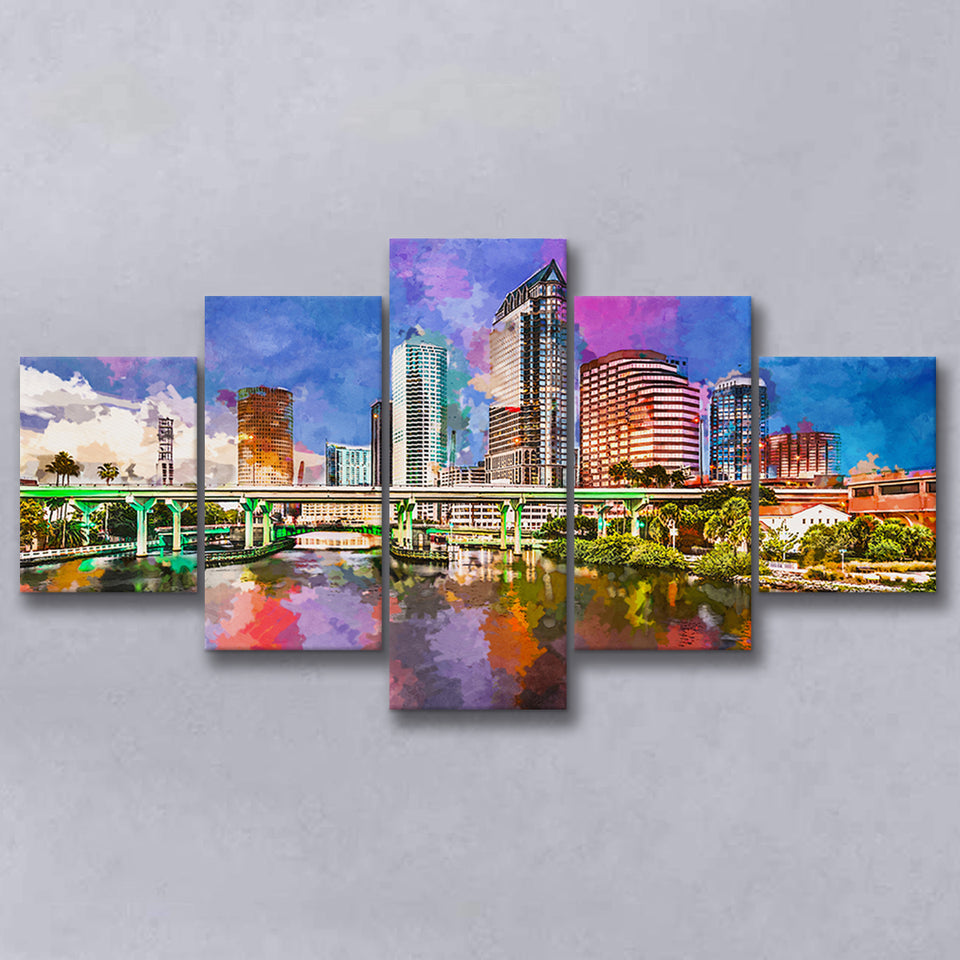 Tampa Florida Usa Downtown Skyline On 5 Pieces Mixed Canvas Prints Wall Art Home Decor