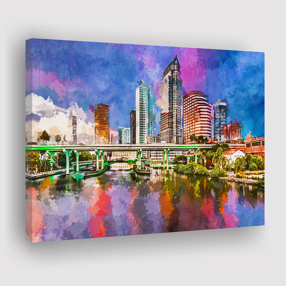 Tampa Florida Usa Downtown Skyline On City Art Watercolor Canvas Prints Wall Art Home Decor, Large Canvas