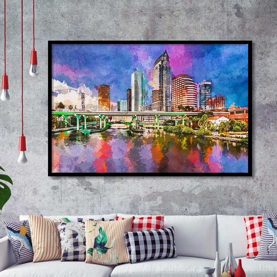 Tampa Florida Usa Downtown Skyline On City Art Watercolor Framed Art Prints Wall Art Decor,Framed Picture