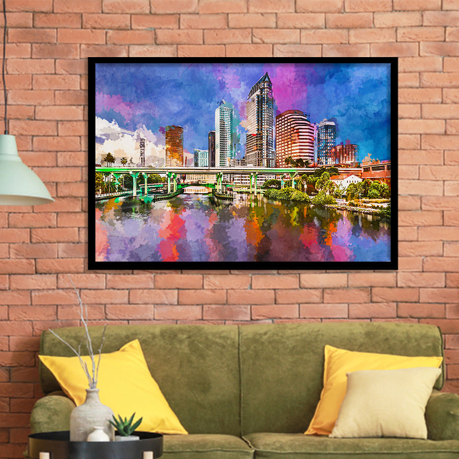 Tampa Florida Usa Downtown Skyline On City Art Watercolor Framed Art Prints Wall Art Decor,Framed Picture
