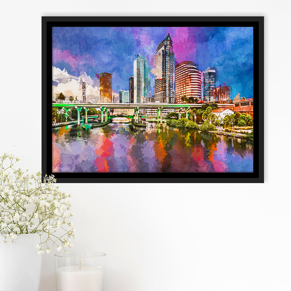 Tampa Florida Usa Downtown Skyline On City Art Watercolor Framed Canvas Prints Wall Art Home Decor,Floating Frame