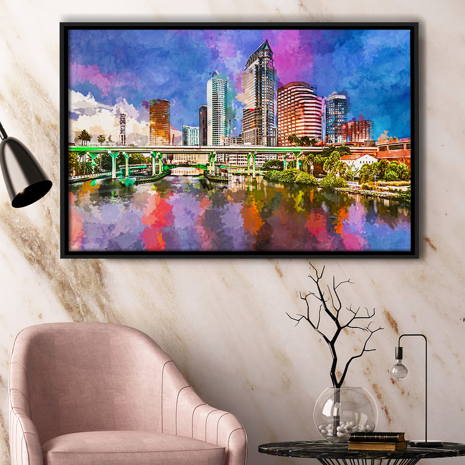 Tampa Florida Usa Downtown Skyline On City Art Watercolor Framed Canvas Prints Wall Art Home Decor,Floating Frame
