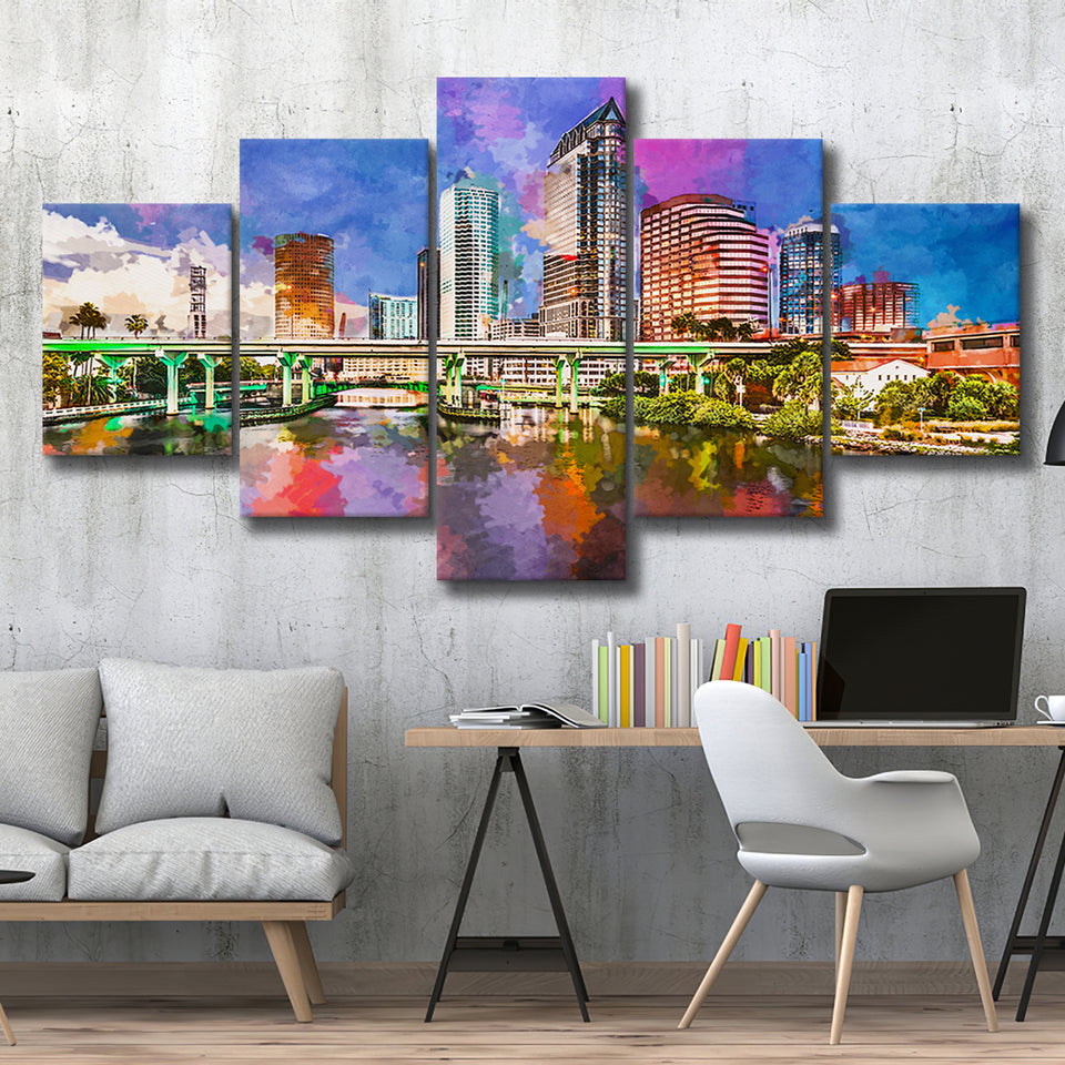 Tampa Florida Usa Downtown Skyline On 5 Pieces Mixed Canvas Prints Wall Art Home Decor