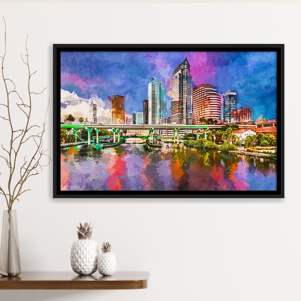 Tampa Florida Usa Downtown Skyline On City Art Watercolor Framed Canvas Prints Wall Art Home Decor,Floating Frame
