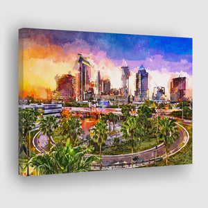 Tampa Florida Usa Downtown Skyline City Art Watercolor Canvas Prints Wall Art Home Decor, Large Canvas