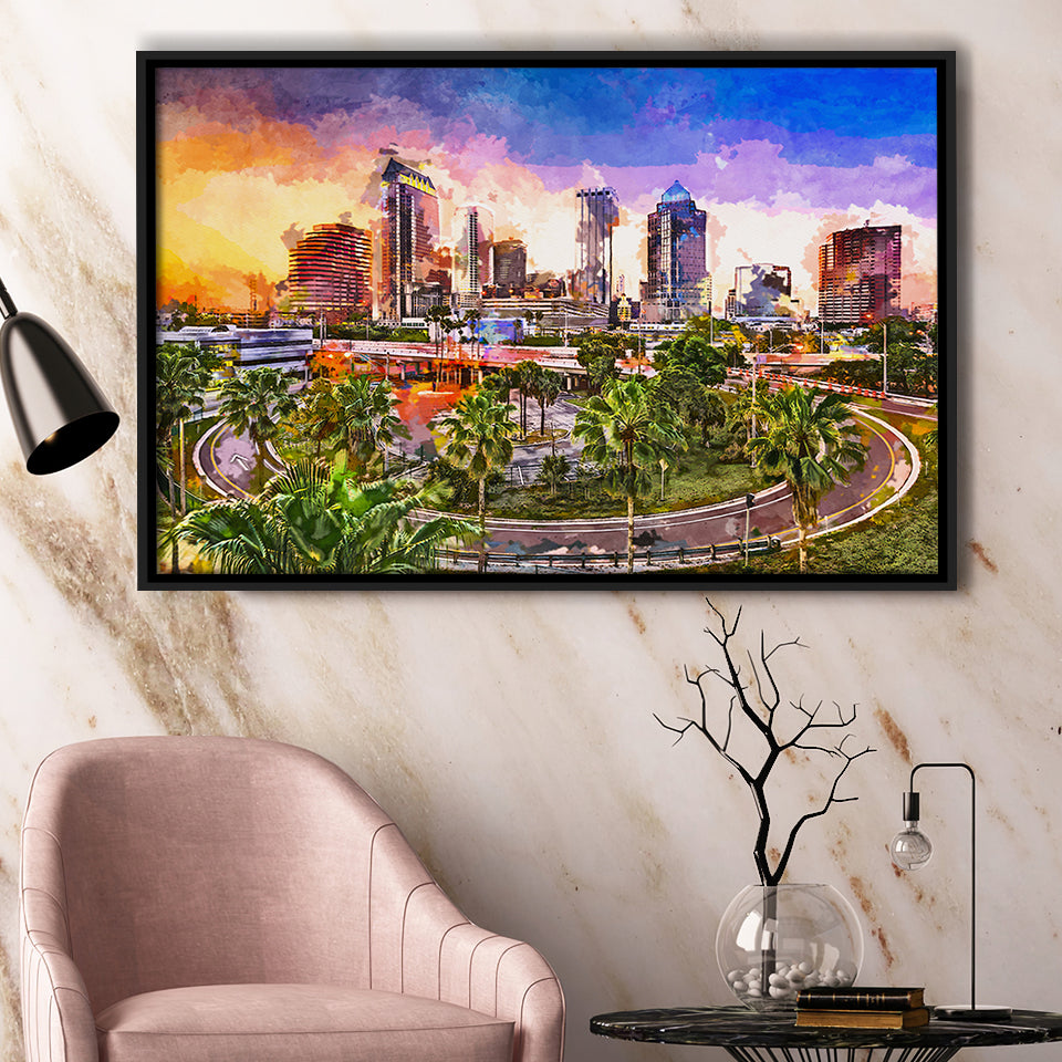 Tampa Florida Usa Downtown Skyline City Art Watercolor Framed Canvas Prints Wall Art Home Decor,Floating Frame