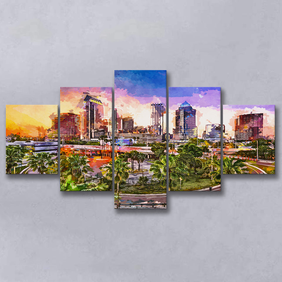 Tampa Florida Usa Downtown Skyline 5 Pieces Mixed Canvas Prints Wall Art Home Decor