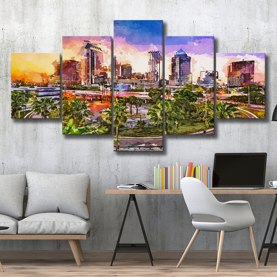 Tampa Florida Usa Downtown Skyline 5 Pieces Mixed Canvas Prints Wall Art Home Decor