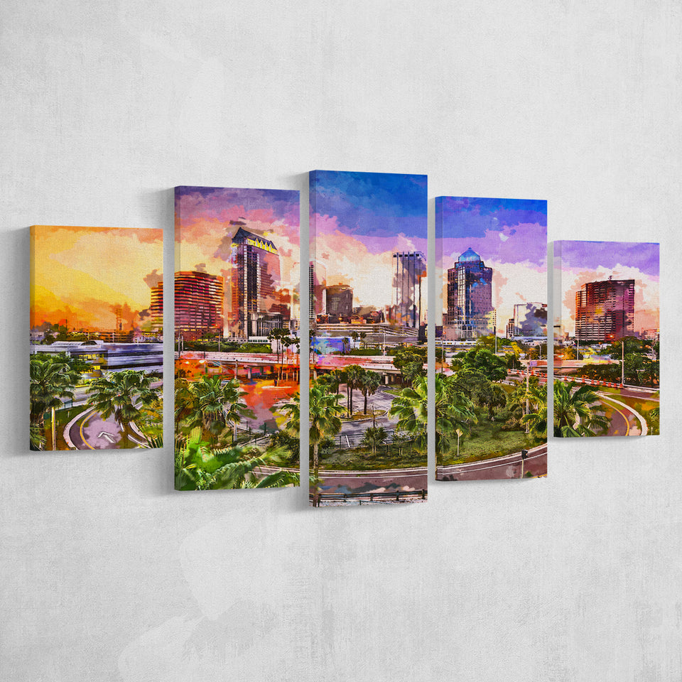 Tampa Florida Usa Downtown Skyline 5 Pieces Mixed Canvas Prints Wall Art Home Decor