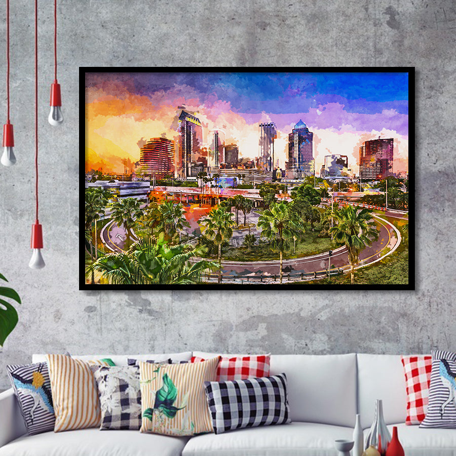 Tampa Florida Usa Downtown Skyline City Art Watercolor Framed Art Prints Wall Art Decor,Framed Picture