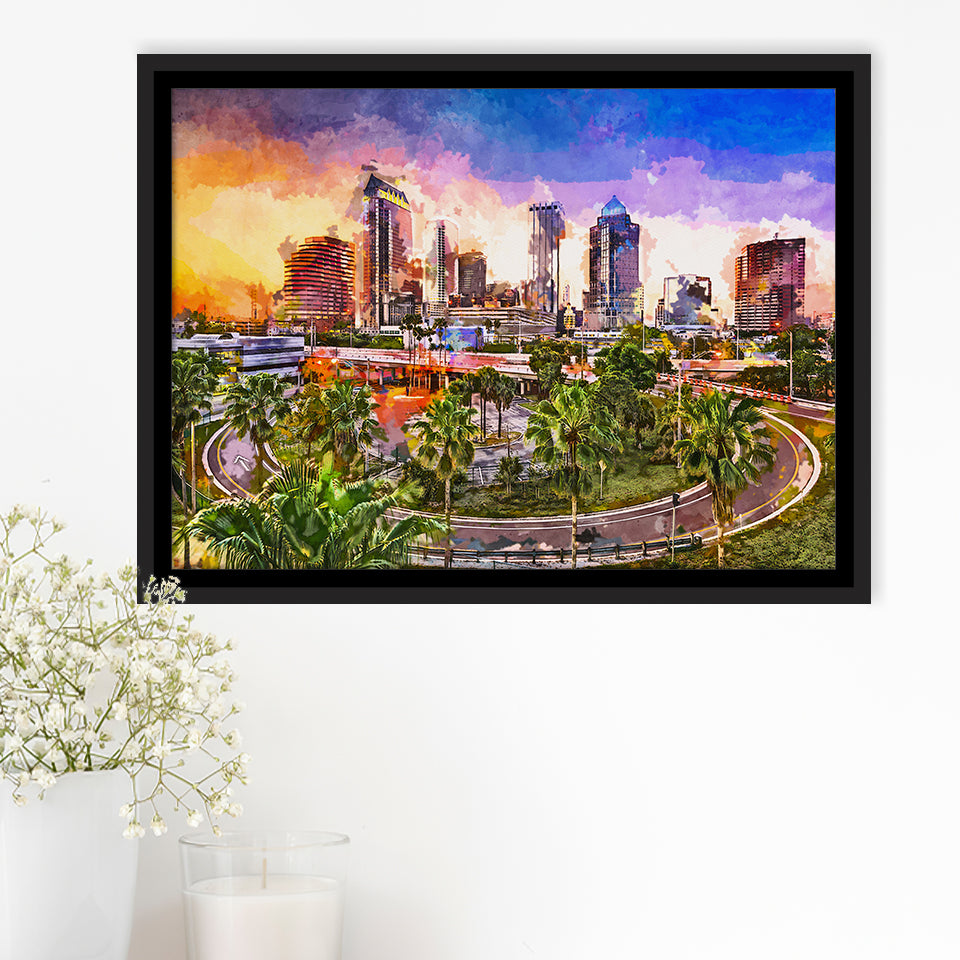 Tampa Florida Usa Downtown Skyline City Art Watercolor Framed Canvas Prints Wall Art Home Decor,Floating Frame