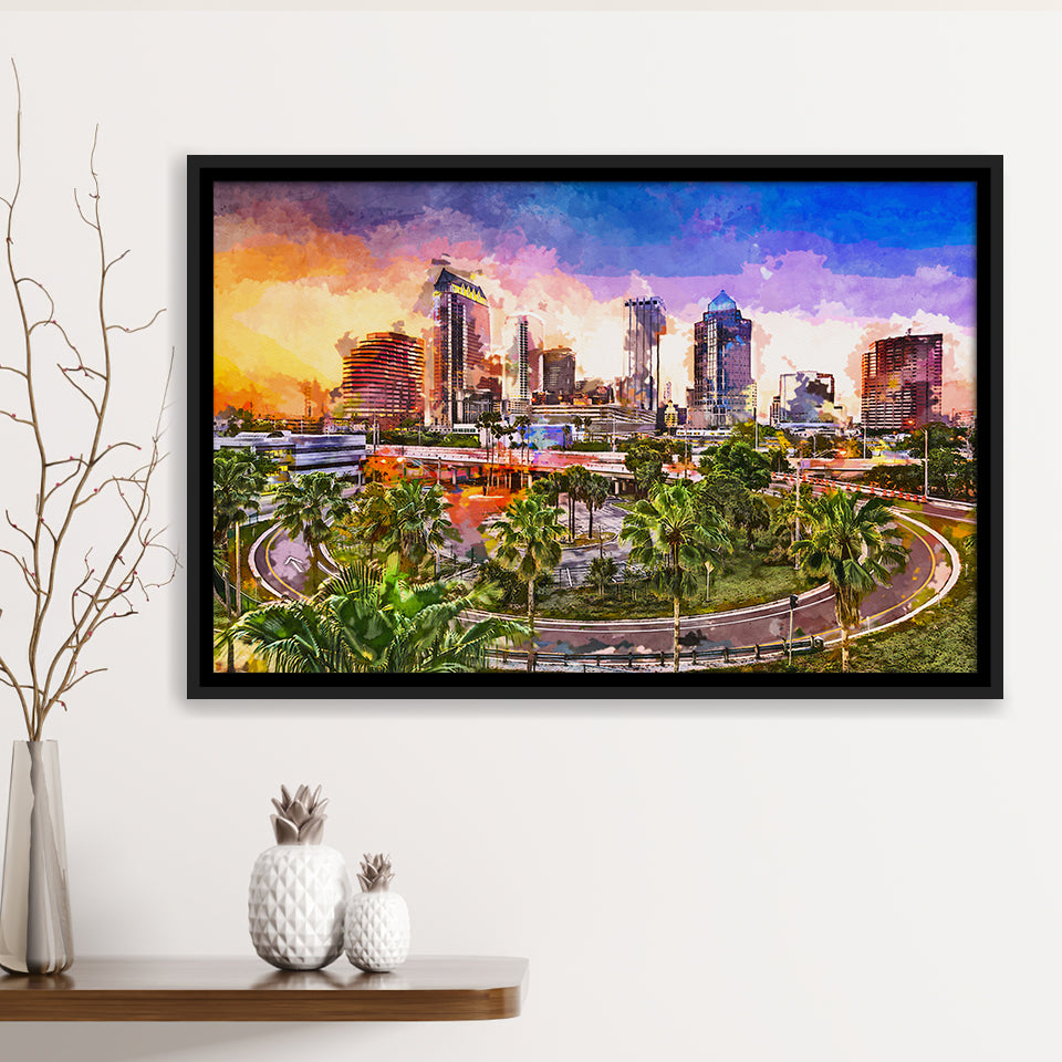 Tampa Florida Usa Downtown Skyline City Art Watercolor Framed Canvas Prints Wall Art Home Decor,Floating Frame