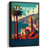 Taormina Italy Retro Art Print, Large Canvas, Framed Canvas Print Wall Art Home Decor, Floating Frame