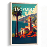 Taormina Italy Retro Art Print, Large Canvas, Framed Canvas Print Wall Art Home Decor, Floating Frame