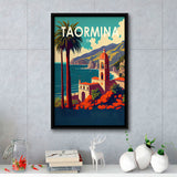 Taormina Italy Retro Art Print, Large Canvas, Framed Canvas Print Wall Art Home Decor, Floating Frame