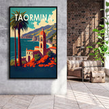 Taormina Italy Retro Art Print, Large Canvas, Framed Canvas Print Wall Art Home Decor, Floating Frame