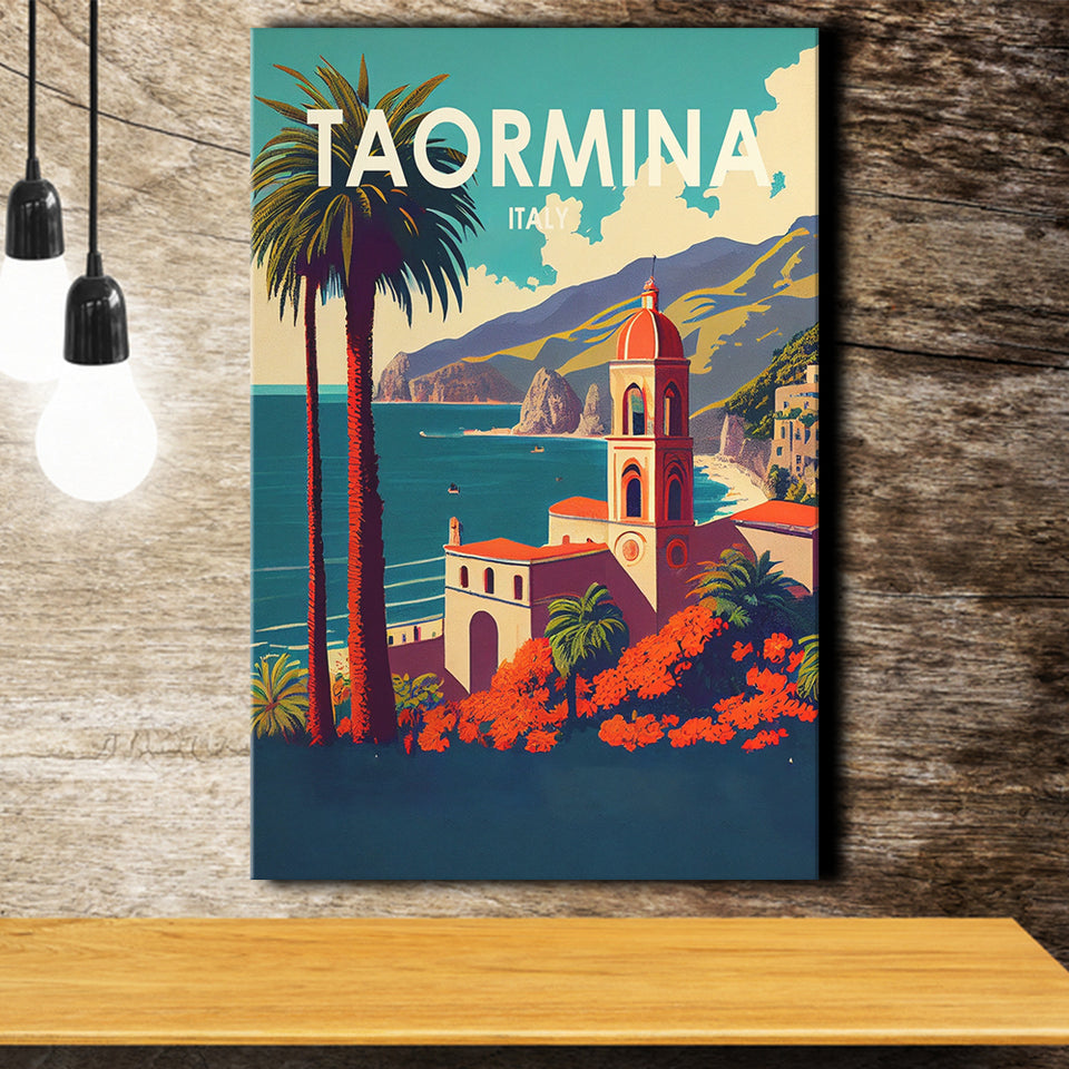 Taormina Italy Retro Art Print ,City Art Print, Large Canvas, Canvas Print Wall Art Home Decor