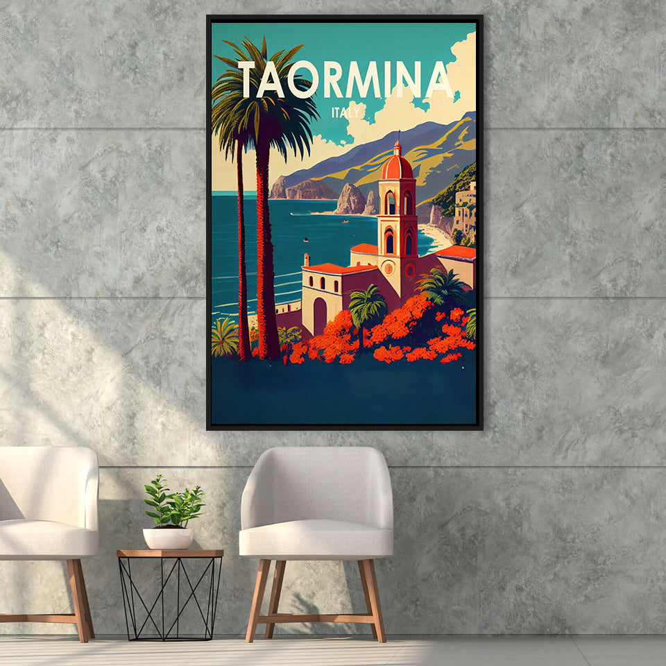 Taormina Italy Retro Art Print, Large Canvas, Framed Canvas Print Wall Art Home Decor, Floating Frame