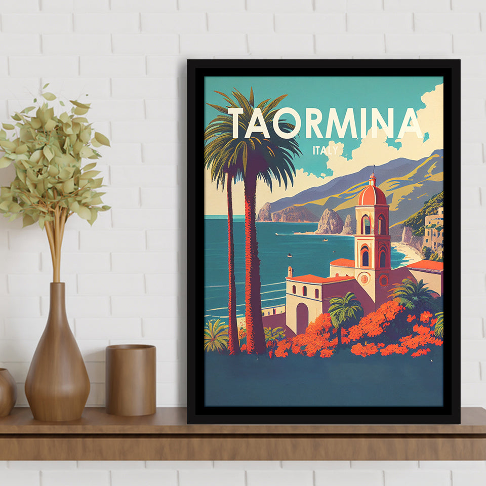 Taormina Italy Retro Art Print, Large Canvas, Framed Canvas Print Wall Art Home Decor, Floating Frame