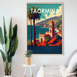Taormina Italy Retro Art Print, Large Canvas, Framed Canvas Print Wall Art Home Decor, Floating Frame