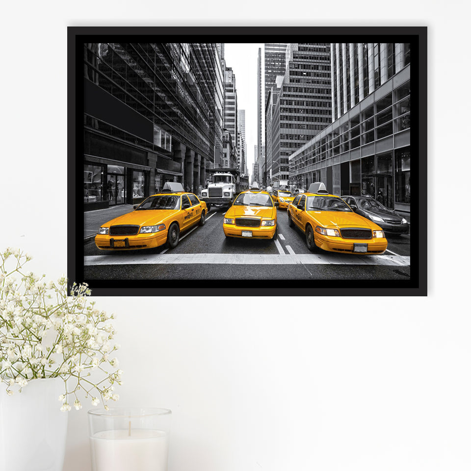 Taxi of New York City Black and White with Yellow Accents Stylish Framed Canvas Prints Wall Art Decor - Paiting Canvas, Art Prints