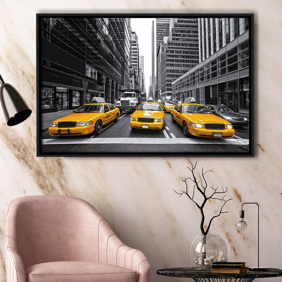 Taxi of New York City Black and White with Yellow Accents Stylish Framed Canvas Prints Wall Art Decor - Paiting Canvas, Art Prints