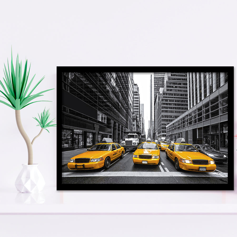 Taxi of New York City Black and White with Yellow Accents Stylish Framed Art Prints Wall Decor - Painting Prints, Framed Picture