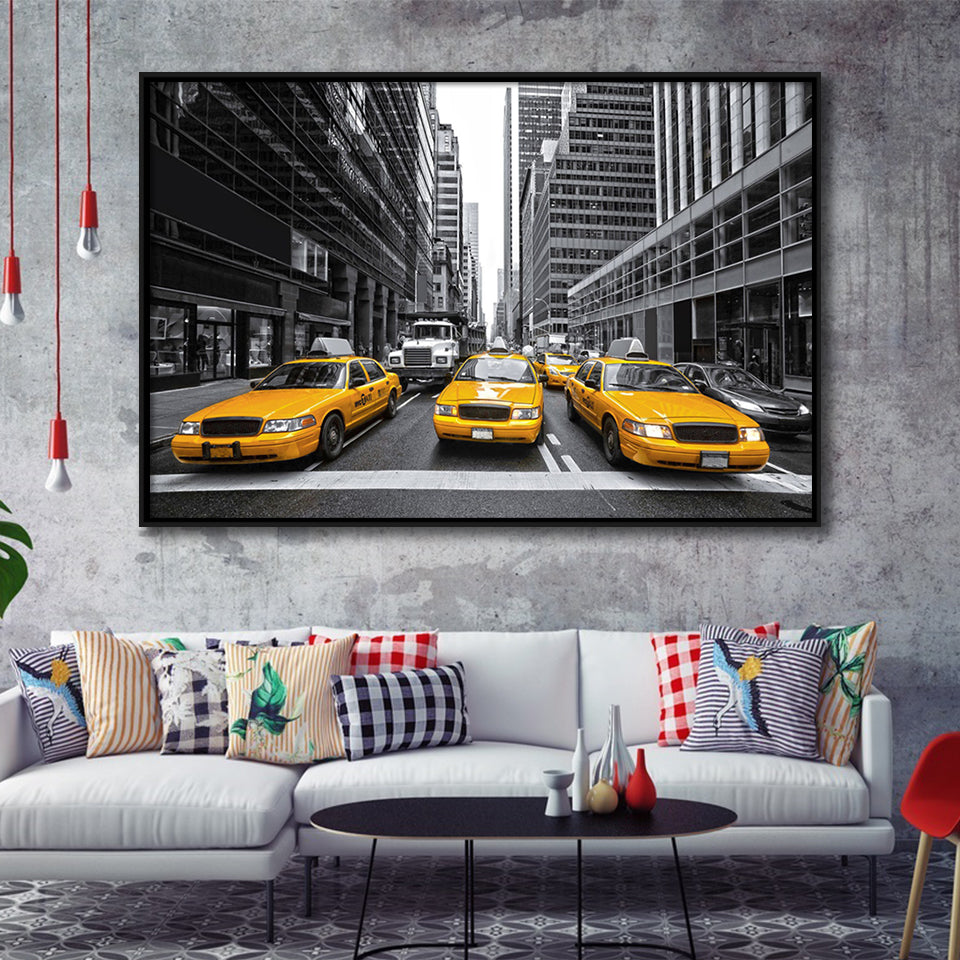 Taxi of New York City Black and White with Yellow Accents Stylish Framed Canvas Prints Wall Art Decor - Paiting Canvas, Art Prints