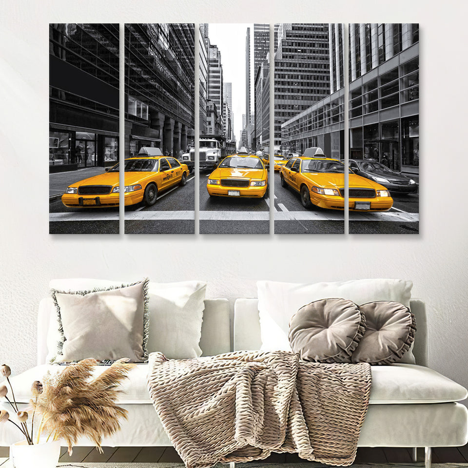 Taxi of New York City Black and White with Yellow 5 Piece B Canvas Prints Wall Art Decor - Painting Canvas, Multi Panels