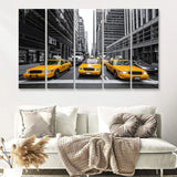 Taxi of New York City Black and White with Yellow 5 Piece B Canvas Prints Wall Art Decor - Painting Canvas, Multi Panels