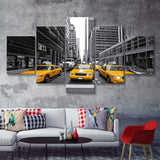 Taxi of New York City Black and White with Yellow Accents Stylish 5 Piece Canvas Prints Wall Art Decor - Painting Canvas, Multi Panels