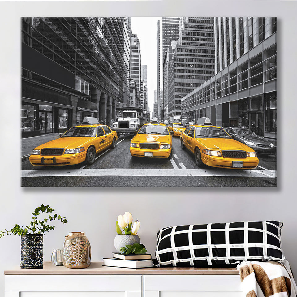 Taxi of New York City Black and White with Yellow Accents Stylish Canvas Prints Wall Art Decor - Paiting Canvas, Art Prints, Wall Decor