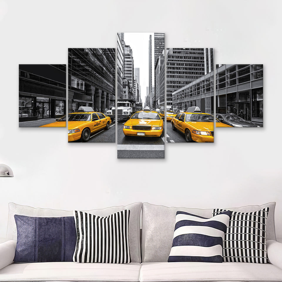 Taxi of New York City Black and White with Yellow Accents Stylish 5 Piece Canvas Prints Wall Art Decor - Painting Canvas, Multi Panels