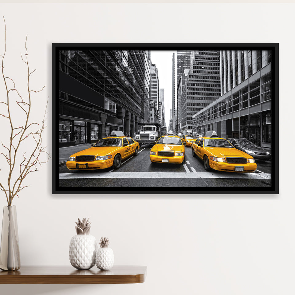 Taxi of New York City Black and White with Yellow Accents Stylish Framed Canvas Prints Wall Art Decor - Paiting Canvas, Art Prints