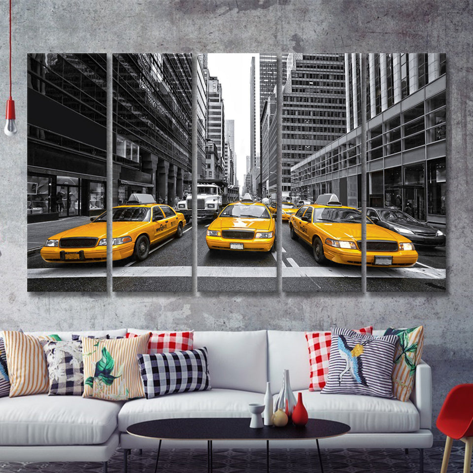 Taxi of New York City Black and White with Yellow 5 Piece B Canvas Prints Wall Art Decor - Painting Canvas, Multi Panels