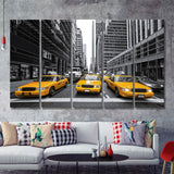 Taxi of New York City Black and White with Yellow 5 Piece B Canvas Prints Wall Art Decor - Painting Canvas, Multi Panels