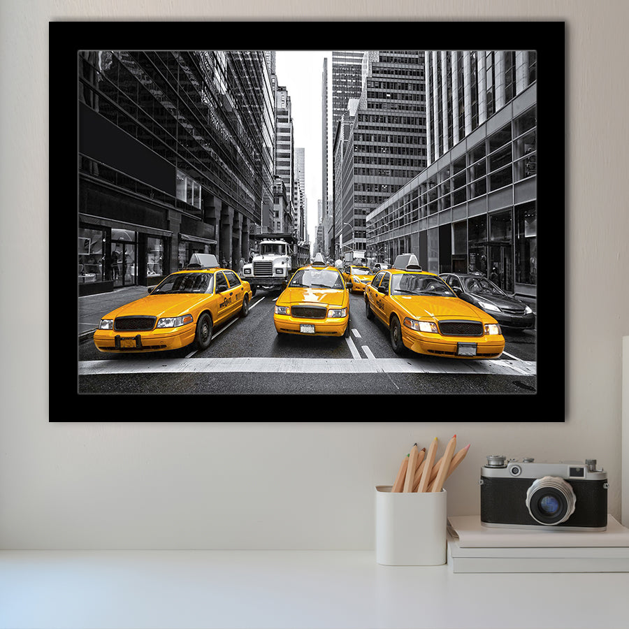Taxi of New York City Black and White with Yellow Accents Stylish Framed Art Prints Wall Decor - Painting Prints, Framed Picture