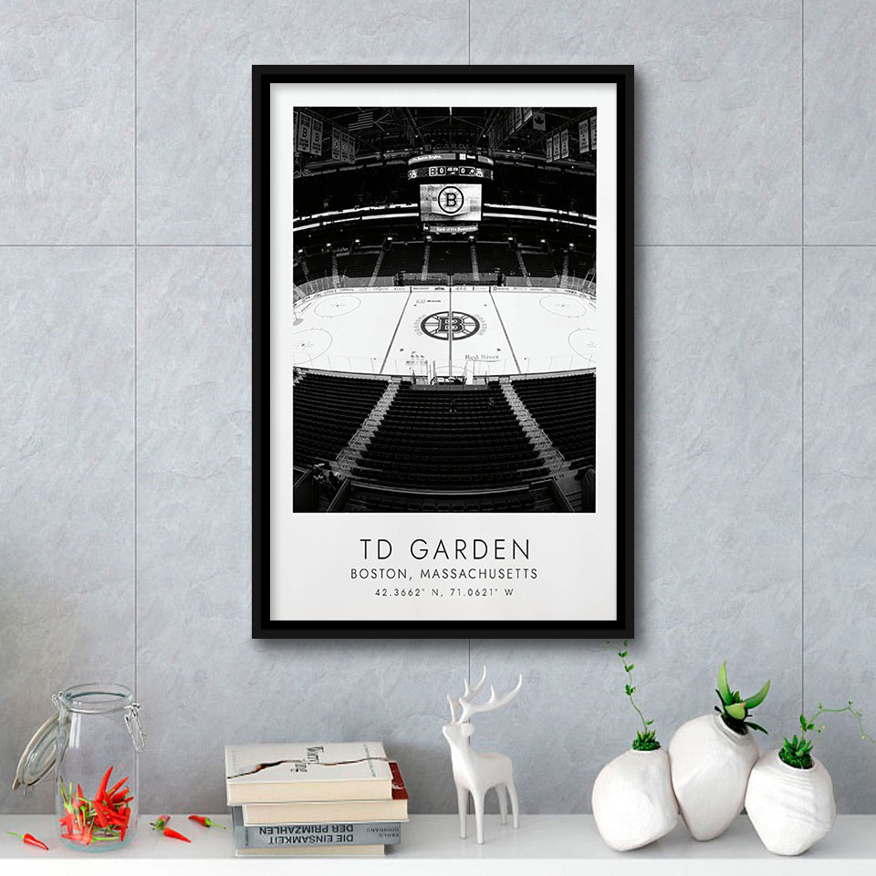 Td Garden Boston Bruins Ice Hockey Lovers Black And White Art Framed Canvas Prints Wall Art Home Decor, Floating Frame