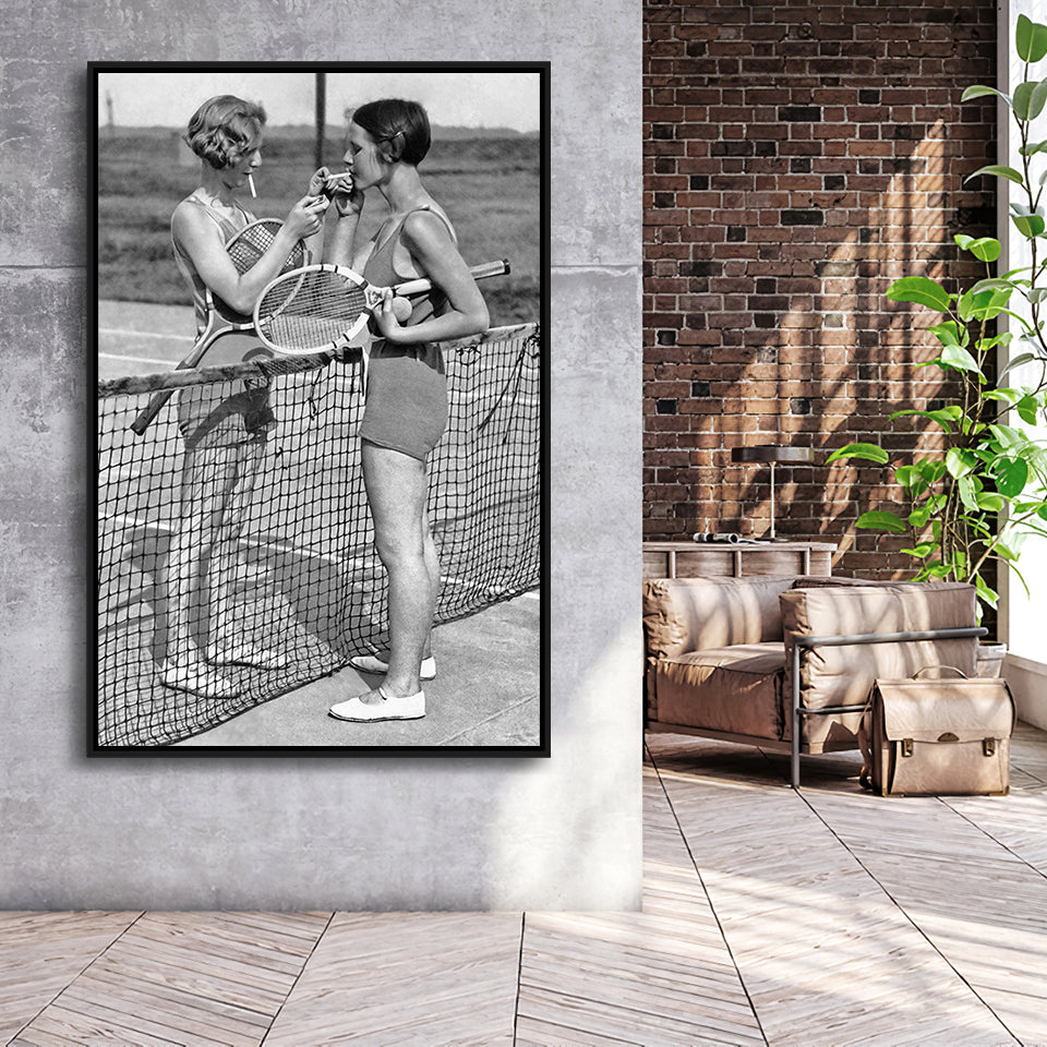 Tennis Girls Smoking Black And White Print, Friendship Framed Canvas Prints Wall Art Home Decor, Floating Frame