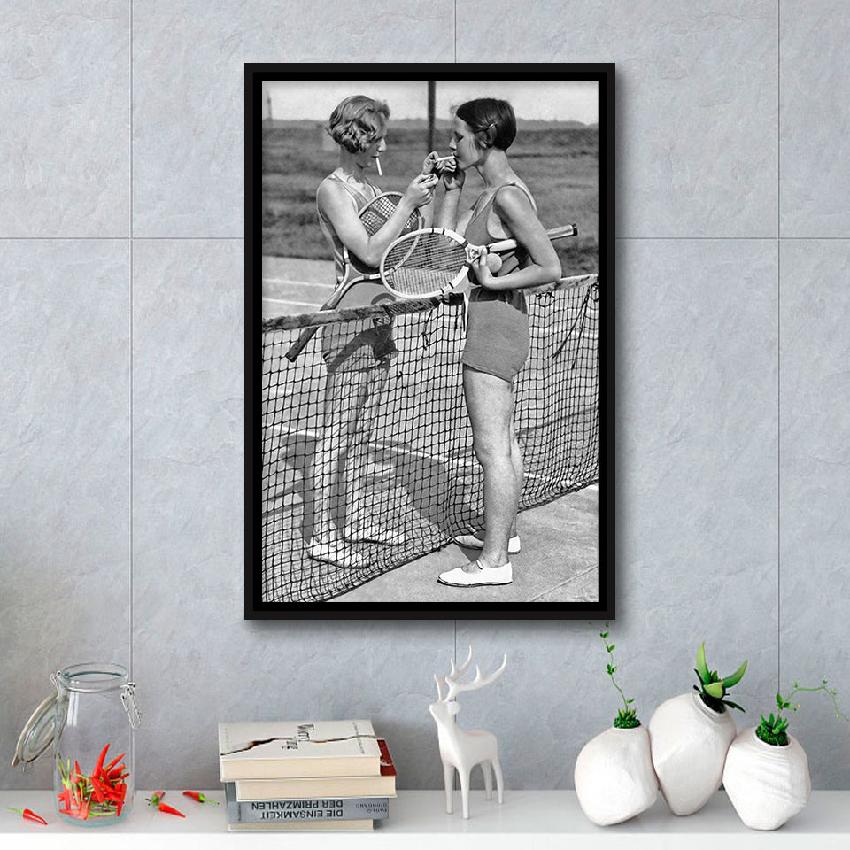 Tennis Girls Smoking Black And White Print, Friendship Framed Canvas Prints Wall Art Home Decor, Floating Frame