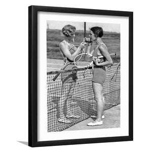 Tennis Girls Smoking Black And White Print, Friendship Framed Art Prints Wall Art Decor, White Border