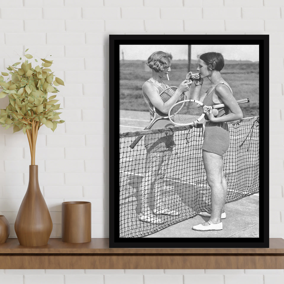 Tennis Girls Smoking Black And White Print, Friendship Framed Canvas Prints Wall Art Home Decor, Floating Frame