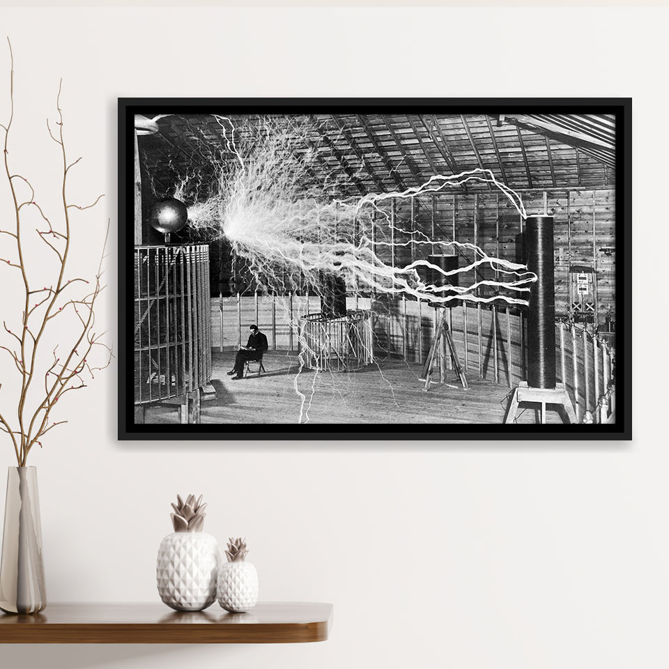 Tesla Coil Photo Black And White Print, Nikola Tesla Framed Canvas Prints Wall Art Home Decor,Floating Frame